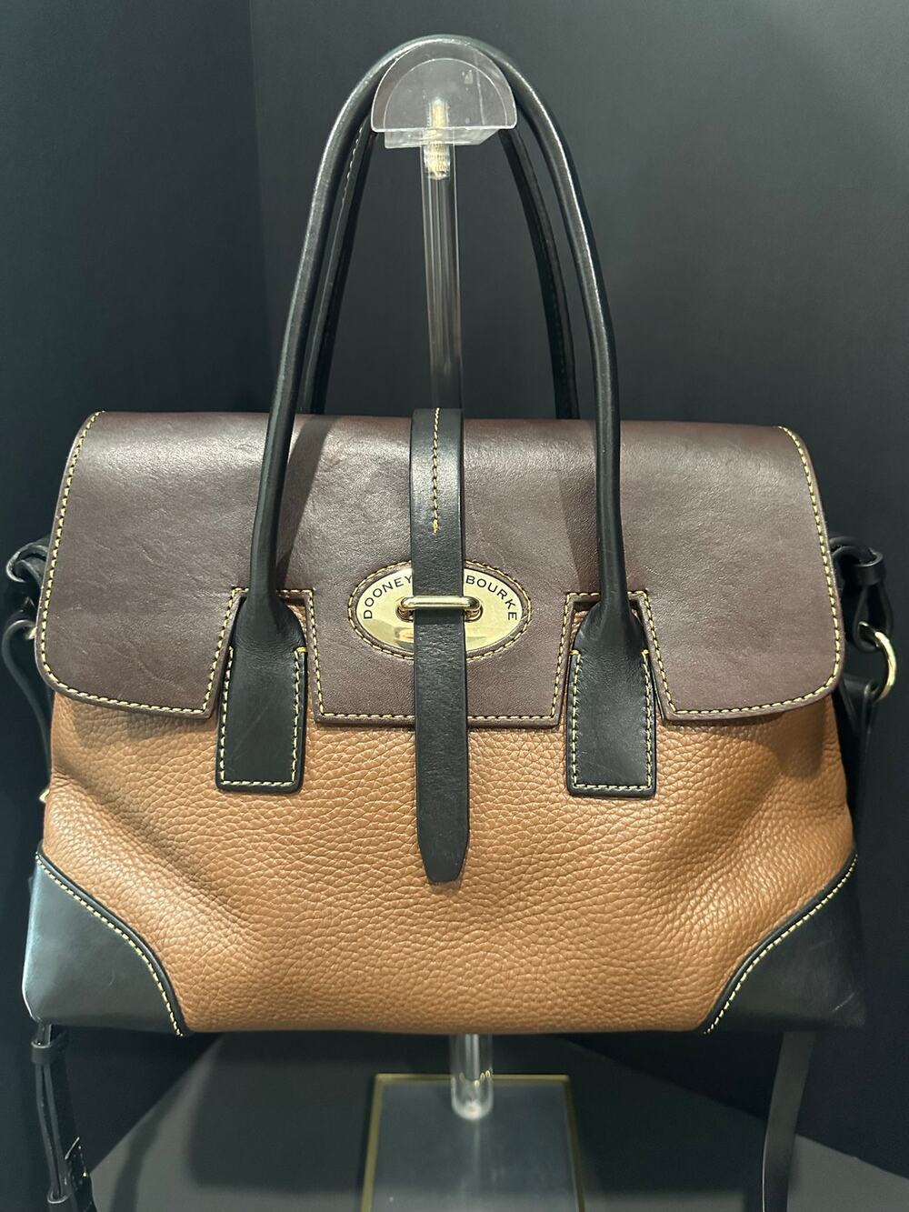 Dooney & Bourke Leather Colorblock Satchel Brown Tan Black Shoulder Bag
